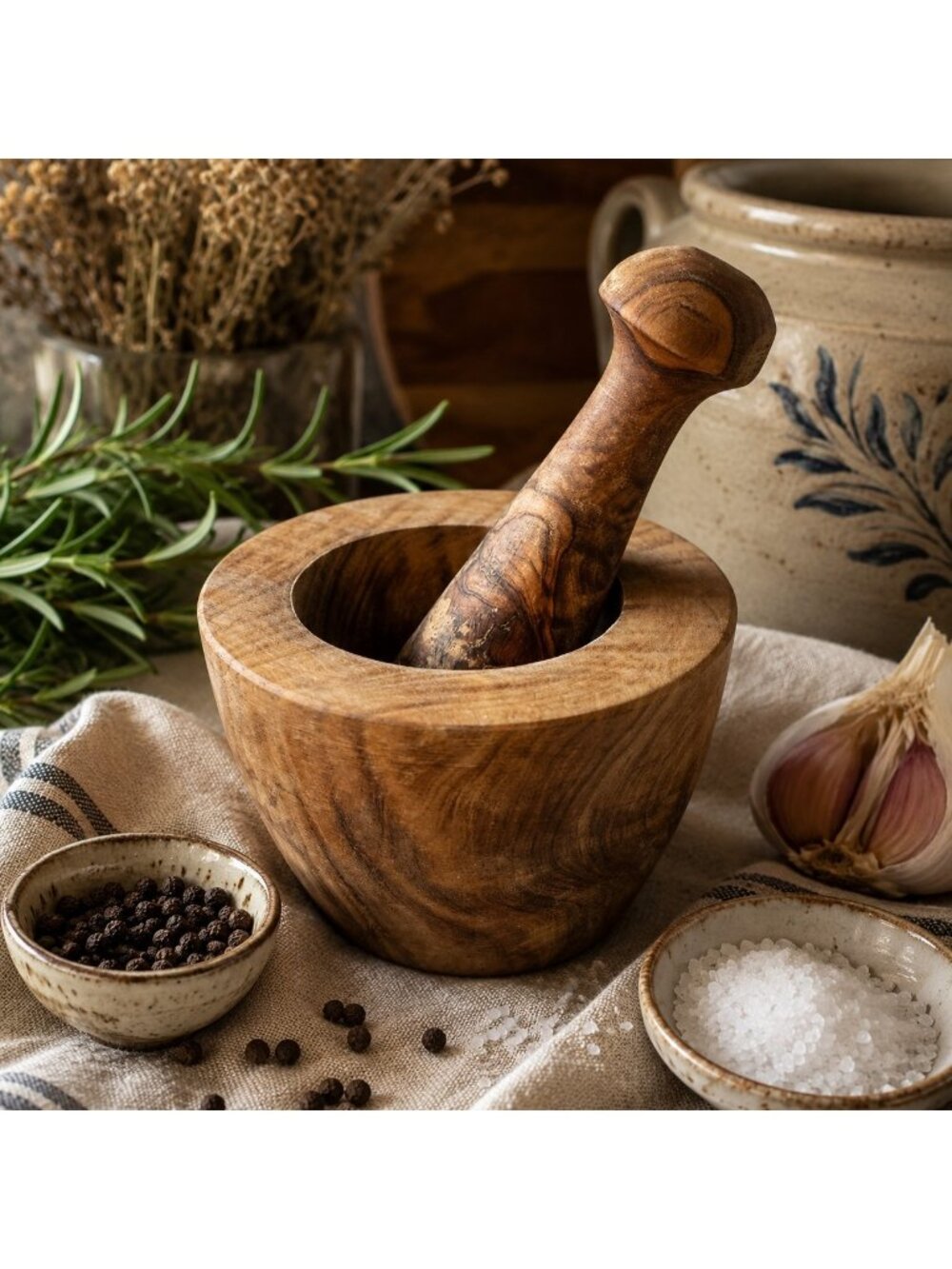Hand Turned Hardwood Mortar & Pestle Rustic Artisan Kitchen Spice Grinder 3.8"